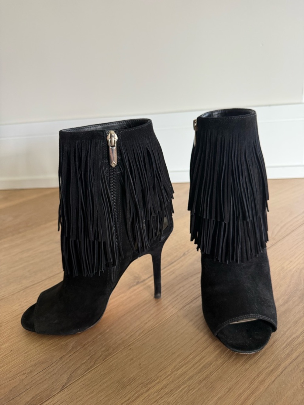 Sam Edelman Black Suede Fringe Peep-Toe Ankle Boots